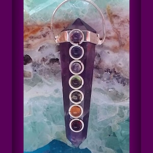 AMETHYST Chakra PENDANT With 7 Cabochons, Solid Amethyst CRYSTAL Silver Double or Single Terminated  Necklace With  Hemp Chain, Add Bracelet