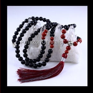 Black Onyx Mala Necklace: Mookaite Crystal Japa Beads, Tree of Life