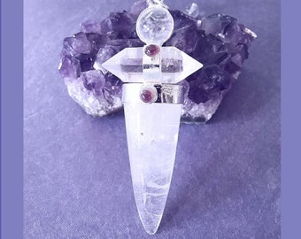 Herkimer Diamond Silver Pendant: Crystal Quartz Point, Garnet Accent