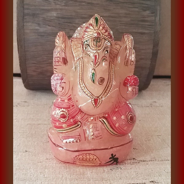 ROSE QUARTZ GANESH Statue, Lord Ganesha Idol, Hindu God of Good Luck, Handpainted Ganesh Figurine, Ganesha Artwork, Hindu Prosperity God