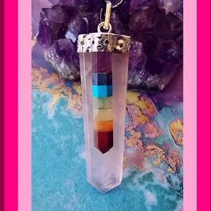 ROSE QUARTZ PENDANT,  Rose Quartz Silver Necklace With 7 Chakra Crystals, Rose Quartz Crystal Point Pendant, Healing Crystal Necklace
