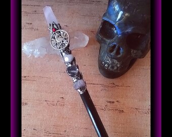 Rose Quartz Pentagram Wand: Silver Raven, Ironwood, Wiccan Ritual