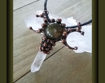 Hammered Copper Labradorite Pendant: Triple Moon Necklace, Crystal Quartz Point, Hemp Chain