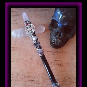 Rose Quartz Pentagram Wand: Silver Raven, Ironwood, Wiccan Ritual