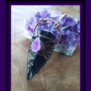Obsidian Arrowhead Pendant: Raw Amethyst, Wire Wrapped Necklace