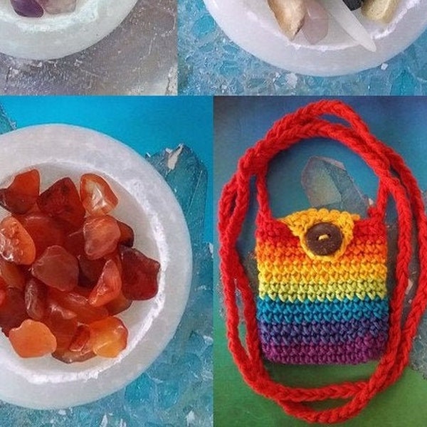 Amulet Bag NECKLACE, Crochet Chakra Pouch With Crystal Amulets:  Amethyst, Bloodstone, Carnelian, Rose Quartz, Mixed Crystals, or Custom Mix