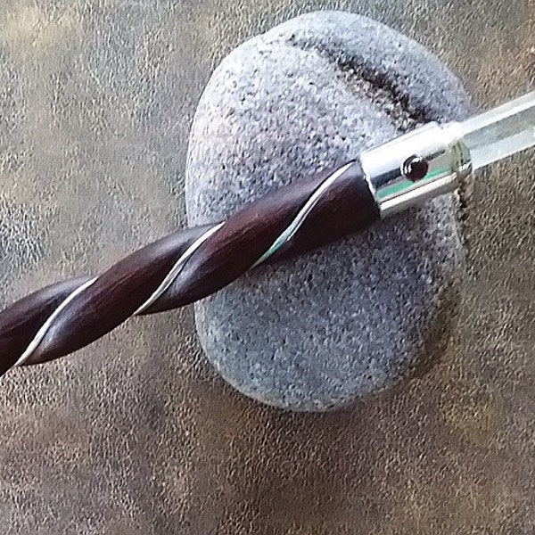 WOOD Wand, Brazilian ROSEWOOD Wand With CRYSTAL Quartz Point, 8-9" Carved Wooden Wand With Inlaid Sterling Silver & Ruby Garnet, Wooden Wand