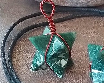 Moss Agate Merkaba Pendant: Copper Wrapped Geometric Necklace