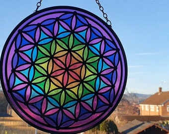 Sacred Geometry FLOWER of LIFE SUNCATCHER, 6" Stained Glass Window Decor, Chakra Suncatcher