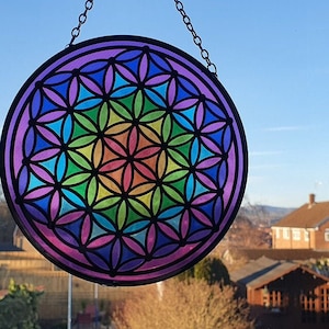 FLOWER of LIFE SUNCATCHER, Glass Suncatcher, 6&quot; Stained Glass Look Suncatcher, Chakra Suncatcher, Rainbow Suncatcher, Sacred Geometry