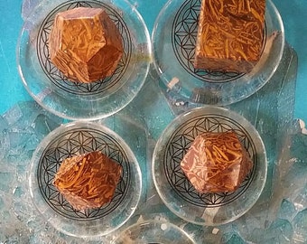 Rare 6-11 Piece CALLIGRAPHY SCRIPT STONE Platonic Solids Set With Sacred Geometry Flower Of Life Positioning Crystals and Box, Reiki Set