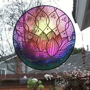 LOTUS FLOWER SUNCATCHER, 12" Stained Glass Look Suncatcher With Lotus Flower and Sun, Flower Suncatcher With Sunshine, Yellow Sun Suncatcher