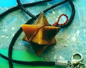 Tiger Eye Merkaba Pendant: Copper Wrapped Crystal Necklace