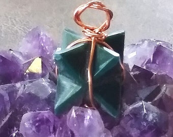 BLOODSTONE Merkaba Pendant, Geometric Merkaba Bloodstone Necklace With Copper Wrap,  BLOODSTONE Merkaba Star Necklace