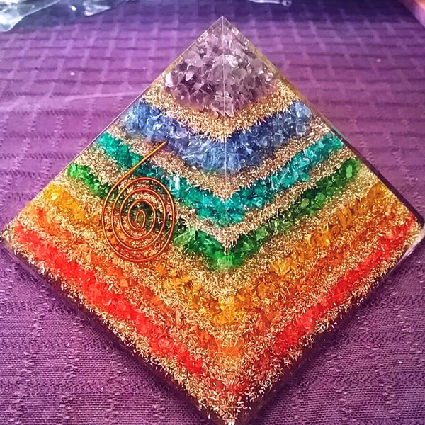 ORGONE Pyramid,Huge 120MM Chakra Layered Pyramid with Gold and Copper Layers, Orgone Fluorite Pyramid