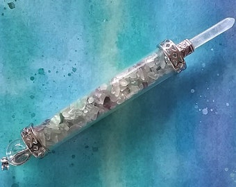 FLUORITE Wand, RAINBOW FLUORITE Wand With Silver Design Band and Crystal Quartz Point, Fluorite Crystal Wand