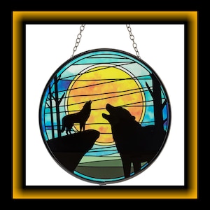 HOWLING WOLF Glass SUNCATCHER,  6" Stained Glass Look Wolf Suncatcher, Moon Suncatcher With Wolf and Blood Moon