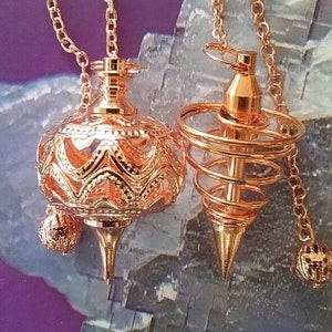 COPPER, Gold or SILVER Dowsing PENDULUMS, 2 Large Unusual  Pendulums with Pouches, Antique Filigree Design and Vortex Point, Divination Wand
