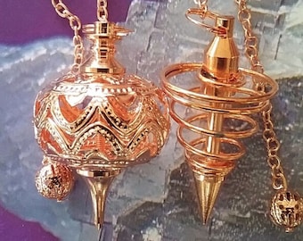 COPPER, Gold or SILVER Dowsing PENDULUMS, 2 Large Unusual  Pendulums with Pouches, Antique Filigree Design and Vortex Point, Divination Wand