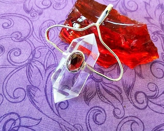 New York Herkimer Diamond Pendant: Silver Necklace with Garnet Accent