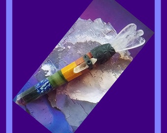 CHAKRA Wand, 7 Chakra Wand With Crystal ANGEL and Lemurian Seed Crystal, Ice Quartz Crystal Angel on Chakra Crystal Wand