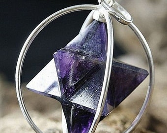 Colgante de amatista: collar Merkaba giratorio, estrella de geometría sagrada, cristal púrpura