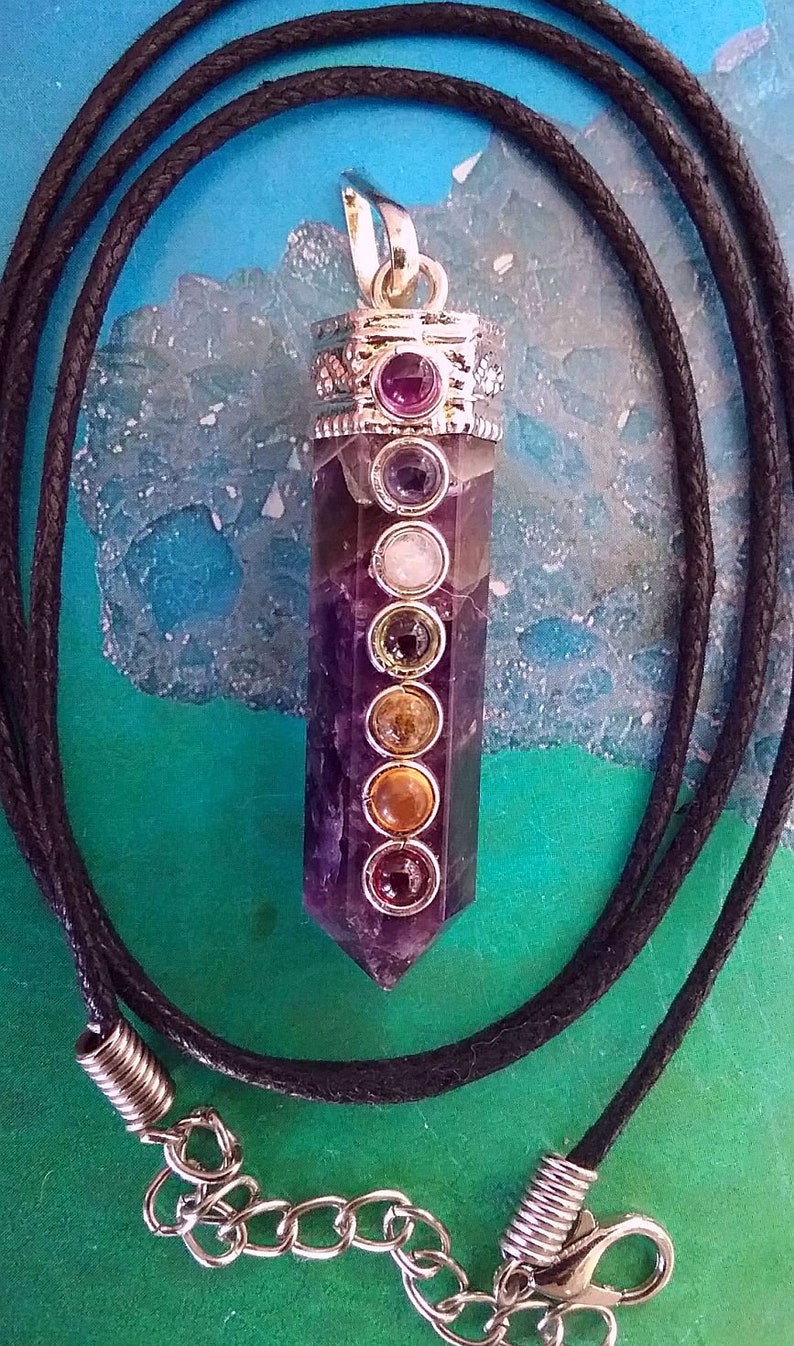 Optional Matching Bracelet AMETHYST CRYSTAL Silver Double or Single Terminated Chakra PENDANT With 7 Cabochons Necklace With Hemp Chain