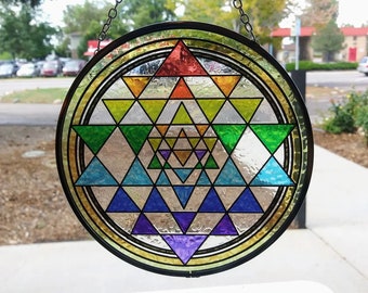 SRI YANTRA SUNCATCHER, Glass Suncatcher, Stained Glass Look Chakra Suncatcher, 6" Sacred Geometry Suncatcher,Sri Yantra