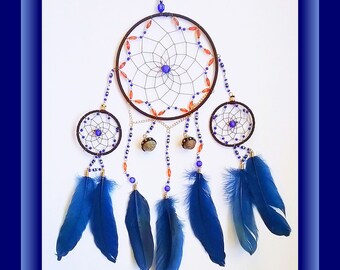 FEATHER DREAMCATCHER, Beaded Dreamcatcher With Rare Blue MACAW Feathers,Native American Indian Spider Web Design