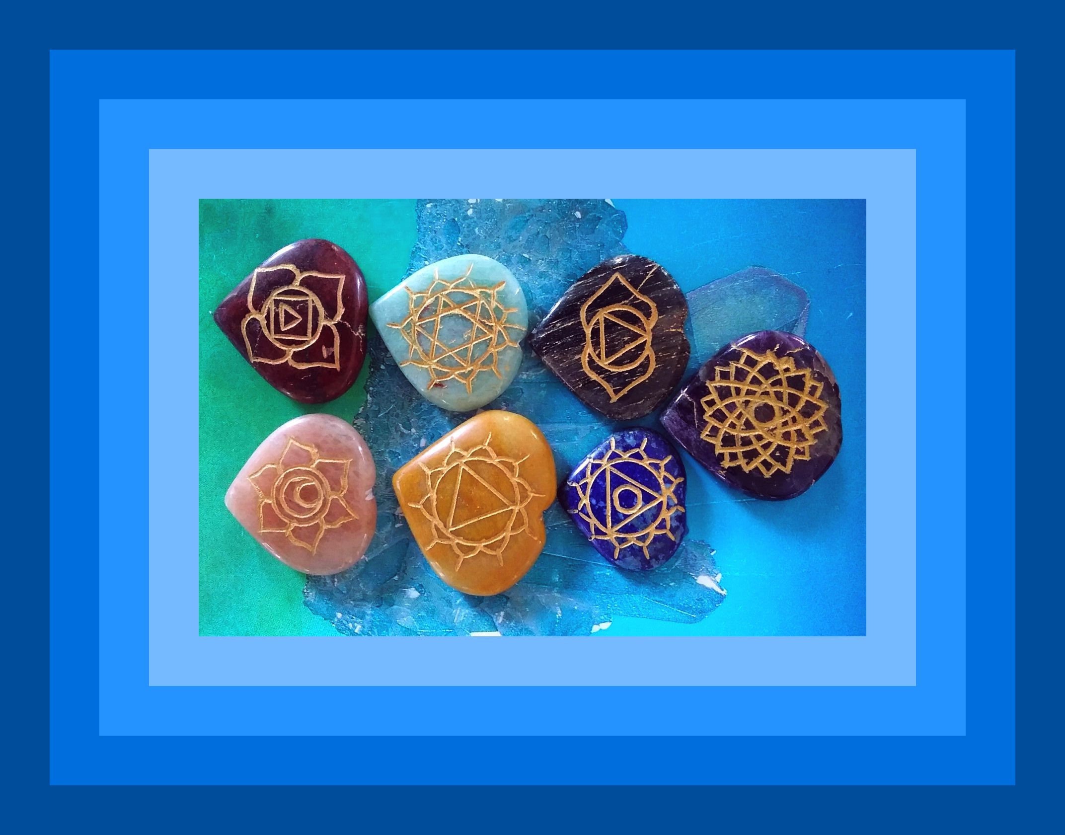 Set of 7 heart shaped chakra stones ~ engraved with the 7 chakra symbols 