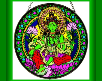 Green Tara Suncatcher: Stained Glass Window Art, Goddess Mandala,  Hindu Protection (6 Inch)