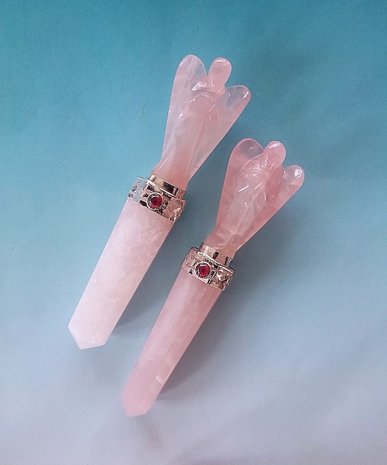 Rose Quartz Wand: With Carved Crystal Angel and Garnet Accent, Energy Healing Tool image 3