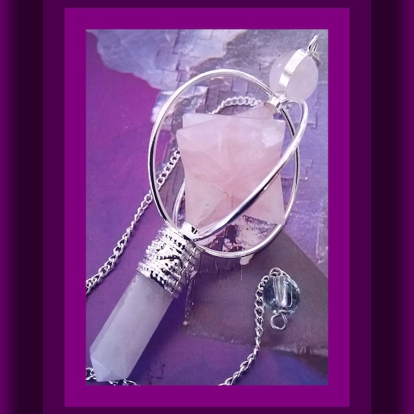 PENDULE en quartz rose, pendule Merkaba en quartz rose, magnifique pendule de radiesthésie Merkaba en quartz rose, géométrie sacrée