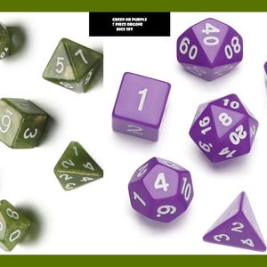 May include: A collection of green and purple dice sets. The image includes various dice shapes, such as d4, d6, d8, d10, d12, and d20. The text in the image reads "GREEN OR PURPLE 7 PIECE ORGOME DICE SET".