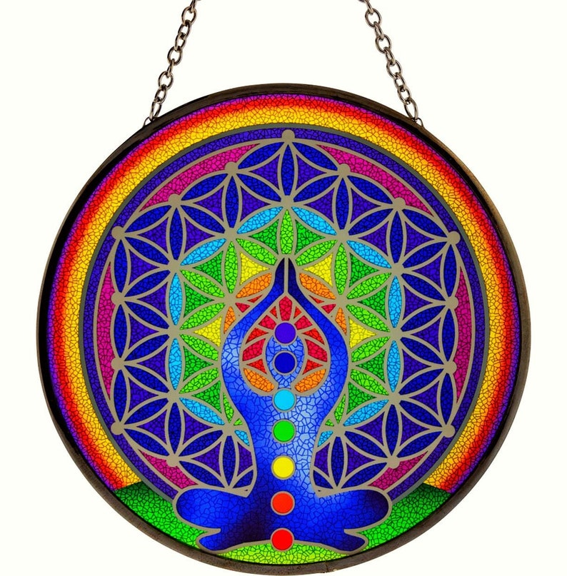 Gebrandschilderd glas Flower of Life Suncatcher: chakra-mandala-ontwerp, raamdecoratie (6") afbeelding 3