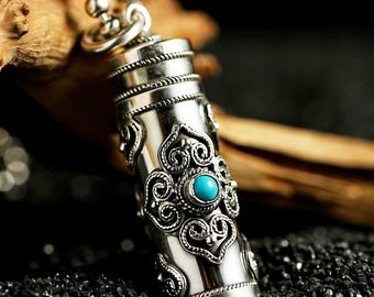 STERLING SILVER URN Necklace:  Scrolled Cylinder Capsule Pendant With Turquoise, Memorial Jewelry, Ashes Keepsake