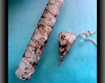 Rainbow Moonstone Orgone Wand and Pendulum Set, Copper Coil