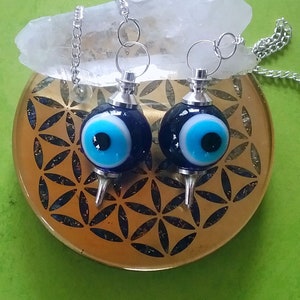 EVIL EYE Dowsing Pendulums, 2 Silver Mounted BALL Dowsing Pendulums with Chains and Pouches, Divination Pendulum, Blue Pendulum