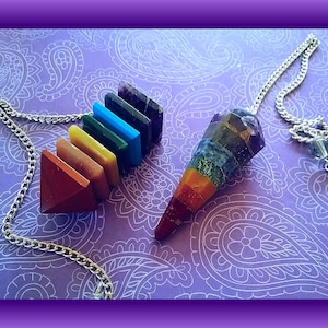 Chakra Dowsing Pendulum Set: Pyramid & Faceted Gemstone Pendulums