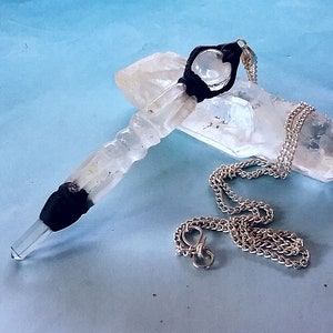Himalayan Quartz Crystal Dorje Pendant: Silver Chain, Hawaiian Lava Rock