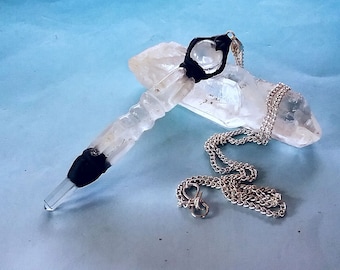 Himalayan Quartz Crystal Dorje Pendant: Silver Chain, Hawaiian Lava Rock