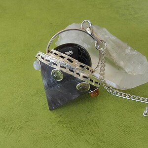 UFO Dowsing Pendulum with Chakra Stones:  Amethyst And Black Tourmaline, Crystal Divination