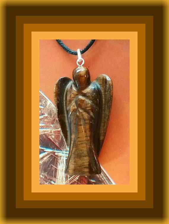Carved Tiger Eye Angel Pendant: Grounding Crystal Necklace, 2 Inch