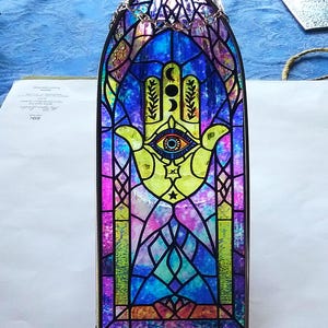 HAMSA HAND Suncatcher, Glass Suncatcher, 8&quot; Stained Glass SUNCATCHER With Hamsa Hand And Evil Eye Home Energy Protection