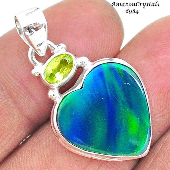 Sterling Silver Aurora Opal Heart Pendant: Green Peridot Necklace