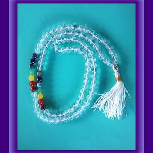 CRYSTAL Quartz JAPA MALA, Handmade 40 Inch Clear Himalayan Crystal Quartz Mala Necklace With 9MM Beads, Chakra Beads and Buddha