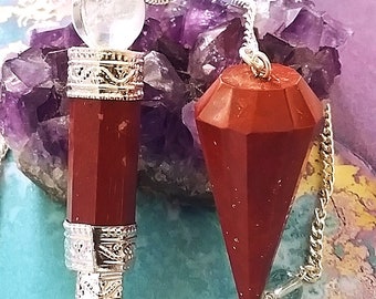 2 RED JASPER PENDULUM, Red Jasper Dowsing Pendulum Set, Red Jasper Pendulum with Crystal Point and Silver Band