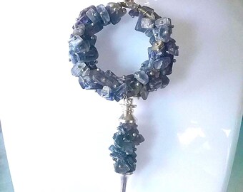 Sterling Silver CIRCLE Necklace; Handmade KYANITE With CRYSTAL Dangle, Large Handmade Pendant