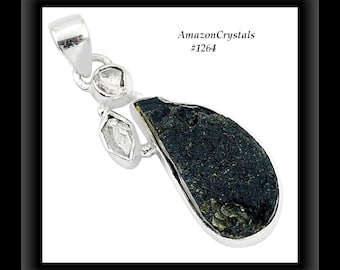Thai Indochinite Black Tektite Pendant with Herkimer Diamond, 925 Sterling Silver Necklace With Meteorite