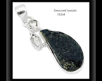 TEKTITE hanger, Sterling zilveren METEORIET hanger met HERKIMER diamant, zwarte Tektite hanger, Herkimer diamanten hanger